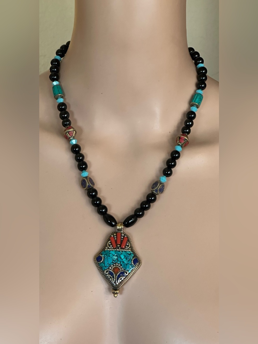 22-1/2 inch Black Onyx and Tibetan Metal Clay beads NWOT